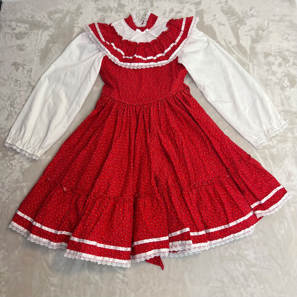 Vintage Mini World Dress Girls 14 Prairie Cottage Pioneer Historical Costume Red
